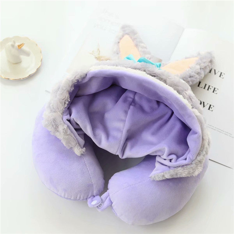 Kawaii Bunny Plush Travel Neck Pillow Hood Cap – Cute Cartoon Rabbit U Shape Memory Cushion for Car, Flight & Sleeping