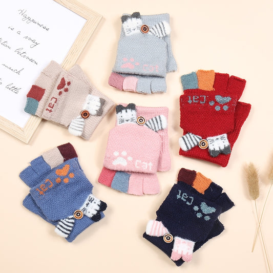 Kawaii Cat Paw Flip Mittens for Kids – Warm Winter Half-Finger Gloves with Cute Cat Design