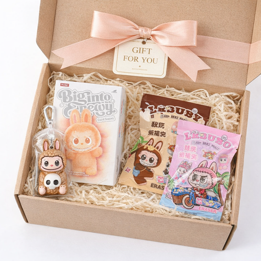Labubu Kawaii Collectibles Hamper | 3-in-1 Gift Box with Stationery Set, Blind Box, Sticker Set, Skull Buddy Keychain & Eraser Packs | Cute Gift for Girls & Teens
