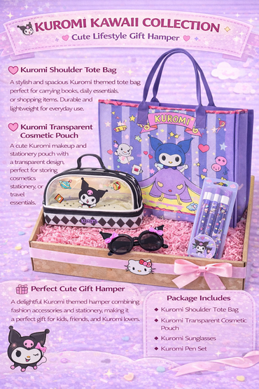 Kuromi Kawaii Lifestyle Gift Hamper – Tote Bag, Cosmetic Pouch, Sunglasses & Pen Set