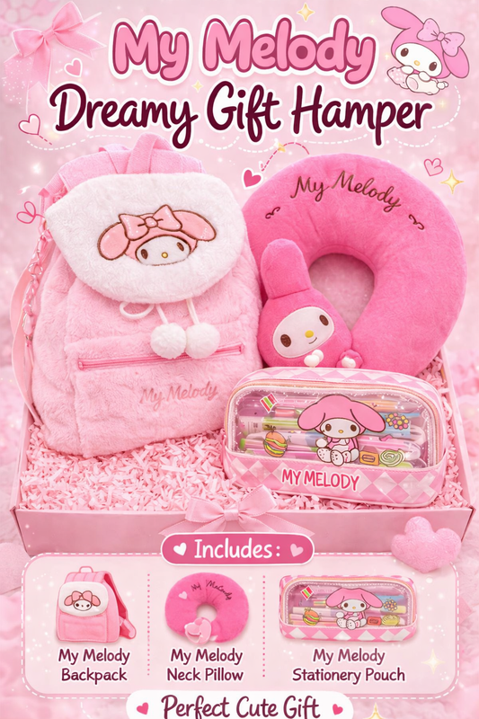 My Melody Dreamy Cute Kawaii Gift Hamper – Sanrio Gift Box with Plush Backpack, Neck Pillow & Lunch Box