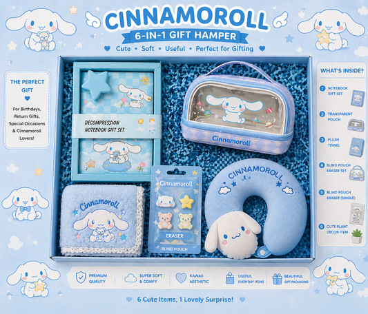 Cinnamoroll 6-in-1 Premium Kawaii Gift Hamper – Cute Stationery & Cozy Essentials Set