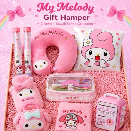 My Melody Kawaii Sanrio Gift Hamper – 10 Items Cute Gift Box Set with Pillow, Neck Cushion, Pencil Case, Light Lamp & Accessories