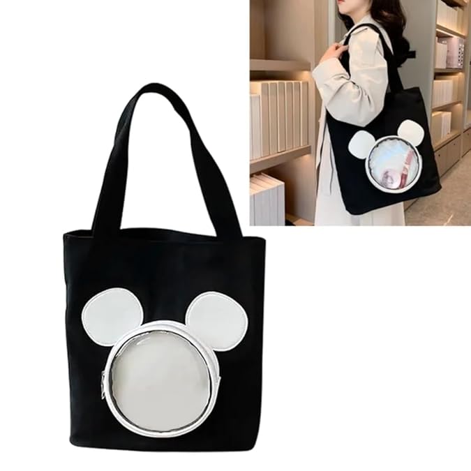 Disney Mickey Mouse Transparent Pocket Tote Bag – Kawaii Canvas Shoulder Bag for Women & Girls | Cute Korean Style Large Capacity Handbag