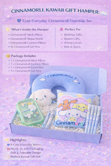 Cinnamoroll Kawaii Sanrio Gift Hamper – Cute Gift Box with Neck Pillow, Cushion, Lunch Box, Water Bottle & Gel Pens
