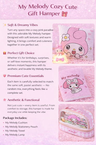 My Melody Cozy Cute Kawaii Gift Hamper – Sanrio Gift Box with Cushion Pillow, Night Lamp, Lunch Box & Pencil Case