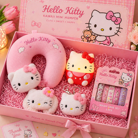 Hello Kitty Mini Kawaii Gift Hamper (5 Items) 💖 Cute Plush Neck Pillow, Hair Rope, Night Lamp, Keychain & Washi Tape Set