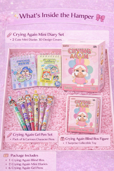 Crying Again Cute Gift Hamper – Blind Box Toy, Mini Diary Set (2 pcs) & Cartoon Gel Pen Set (Pack of 6) | Gift Ready Stationery Hamper