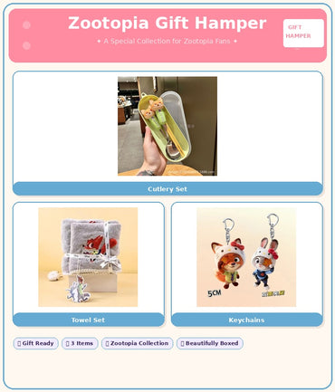 Zootopia Cute Gift Hamper – , Cutlery Set, 2-Piece Towel Set & Character Keychains | Gift Ready Cartoon Hamper