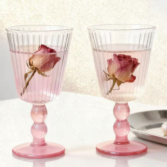 Pink Stemmed Ribbed Glass Goblet Wine Glass Set of 2 | Elegant Vintage Drinking Glasses for Juice, Mocktails & Home Décor