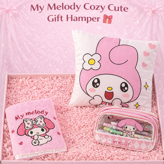 My Melody Cozy Cute Kawaii Gift Hamper – Sanrio Gift Box with Cushion Pillow, Lunch Box & Pencil Case