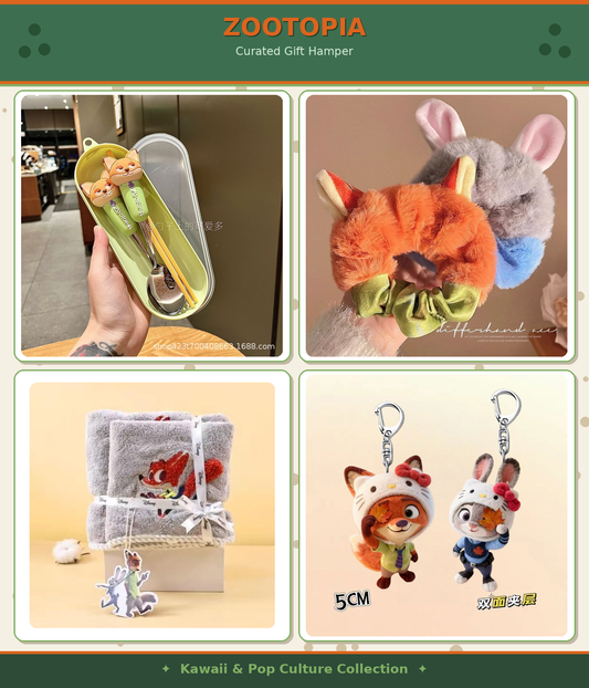 Zootopia Cute Gift Hamper – Sling Bag, Cutlery Set, Plush Hair Scrunchie ,2-Piece Towel Set & Character Keychains | Gift Ready Cartoon Hamper