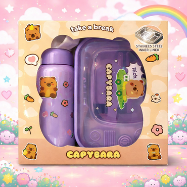 Capybara Kawaii Lunch Box & Water Bottle Combo Set | Stainless Steel Inner | Cute Kids School Tiffin & Bottle Set