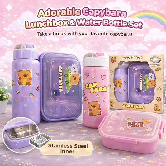 Capybara Kawaii Lunch Box & Water Bottle Combo Set | Stainless Steel Inner | Cute Kids School Tiffin & Bottle Set