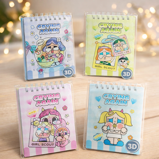 Cry Baby 3D Cute Spiral Notebook (set of 4) | Kawaii Mini Diary with Waterproof Cover | A6 Cartoon Journal for School & Gifts