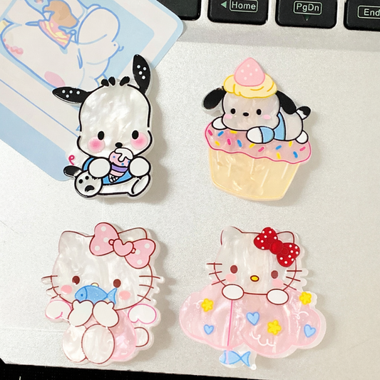 Kawaii Sanrio Cartoon Hair Clips Set of 4 – Cute Hello Kitty & Pochacco Acrylic Hairpins for Girls | Korean Style Hair Accessories