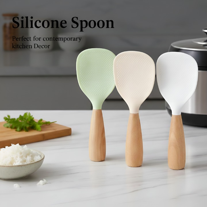 Premium Silicone Rice Spoon with Wooden Handle | Non-Stick Heat Resistant Serving Spoon | Modern Kitchen Cooking Tool