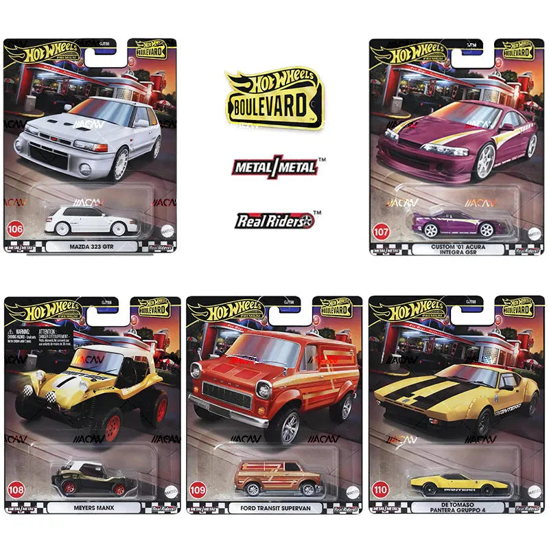Hot Wheels Boulevard Premium Die-Cast Car Set of 5 – 1:64 Scale Metal/Metal Collectible Cars with Real Riders (Mazda 323 GTR, Acura Integra, Meyers Manx, Ford Transit Supervan, De Tomaso Pantera)