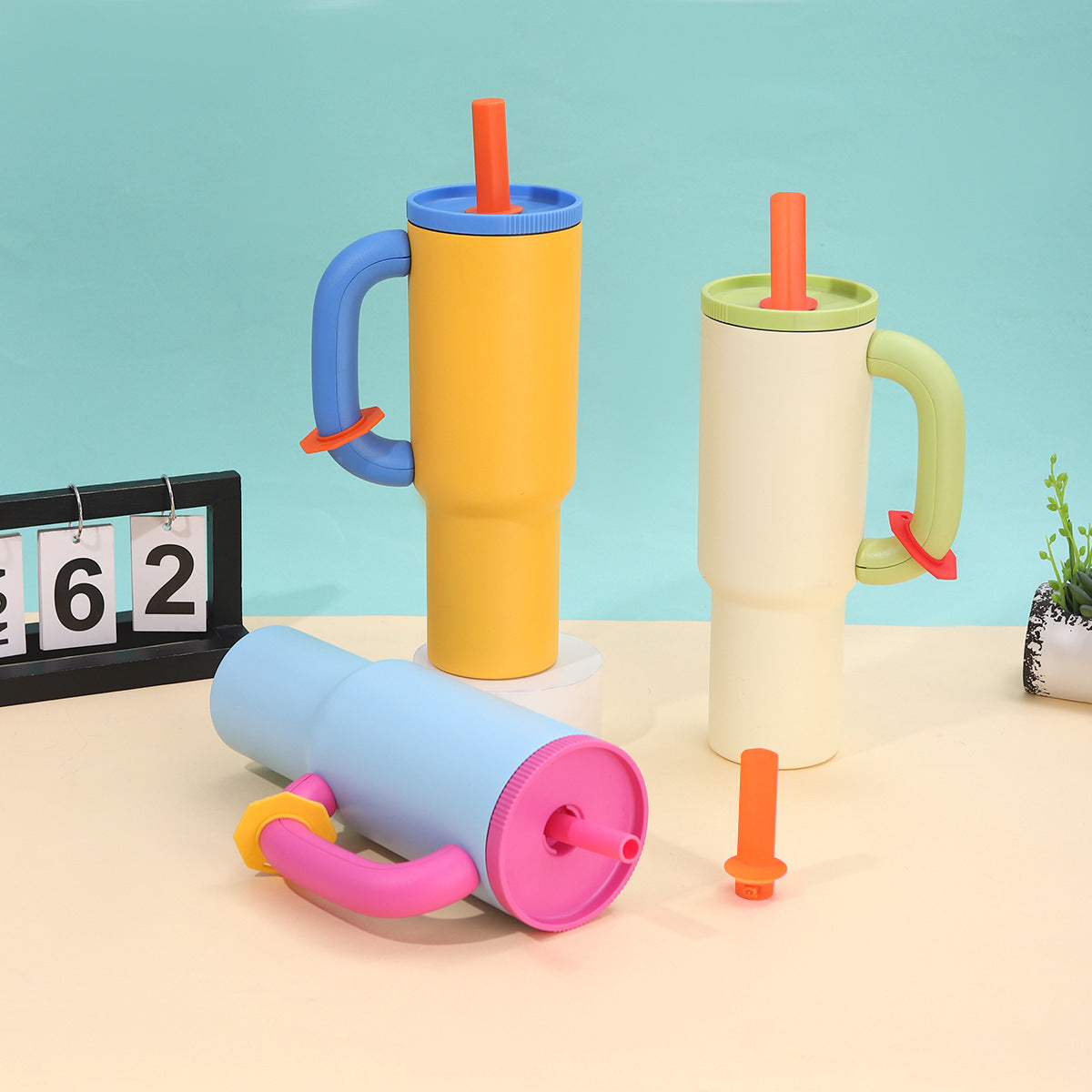 Kawaii Pastel Large Handle Straw Tumbler Cup (Single Piece)