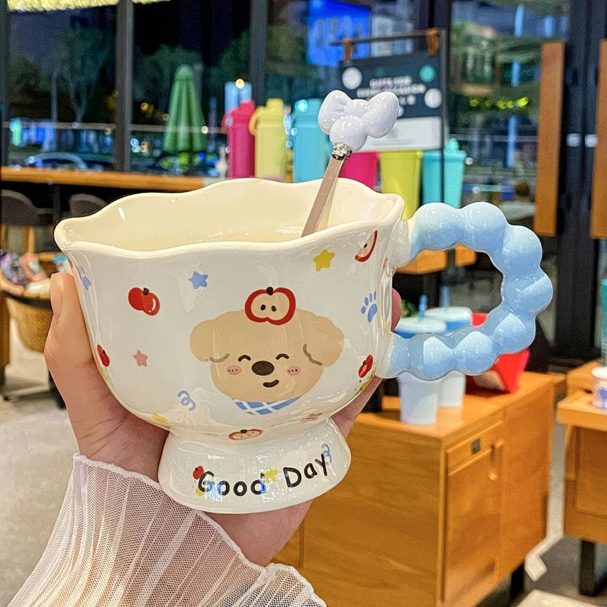 Cute Kawaii Puppy Ceramic Mug with Cloud Handle & Decorative Spoon – Good Day Aesthetic Coffee Cup