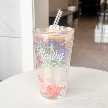 Kawaii Sakura Spring Glitter Tumbler with Straw | 3D Diamond Texture Iced Cup | Cute Cherry Blossom Water Bottle for Girls