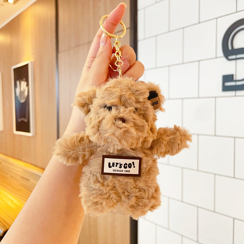 Kawaii Coffee Bear Plush Keychain | Cute Teddy Bag Charm | Soft Fluffy Key Ring for Girls