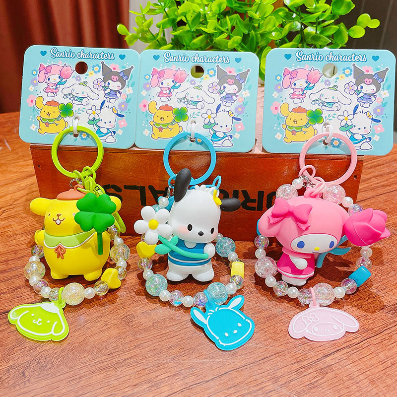 Sanrio official Character Bag Charm with Flower & Glitter Beads Keychain