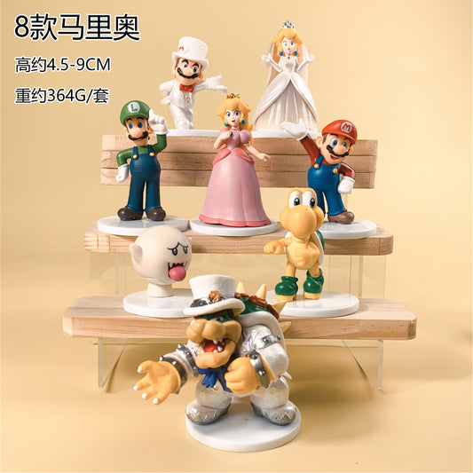 Super Mario Wedding Theme Figurine Set (8 PCS) with White Display Tray | Mario, Luigi, Princess Peach, Bowser & Friends PVC Mini Action Figures | Cute Cake Topper & Collectible Toy Set