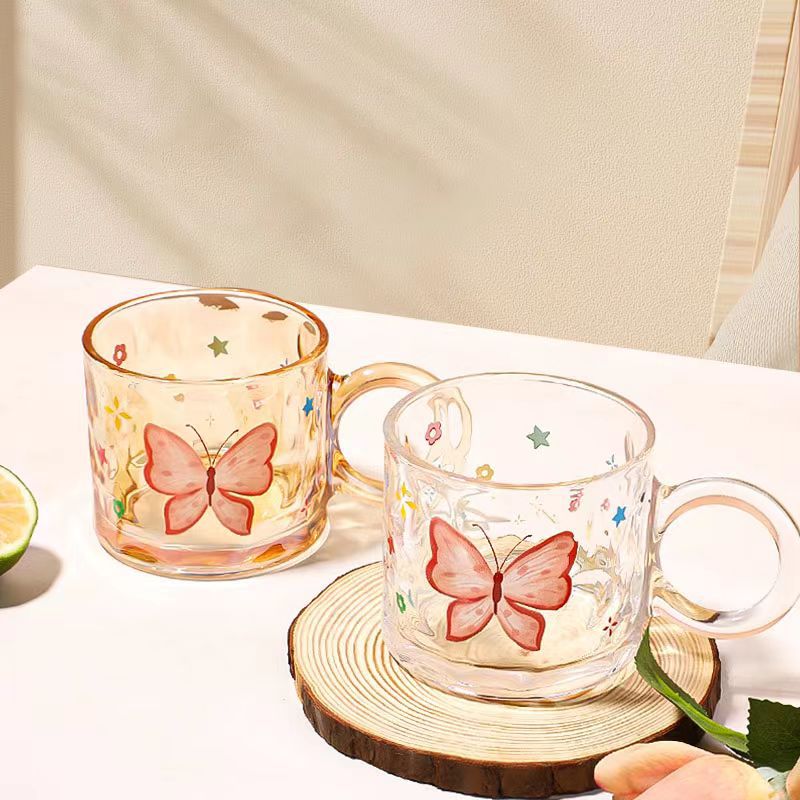 Kawaii Butterfly Glass Mug β Aesthetic Transparent Coffee Cup for Tea, Milk & Juice