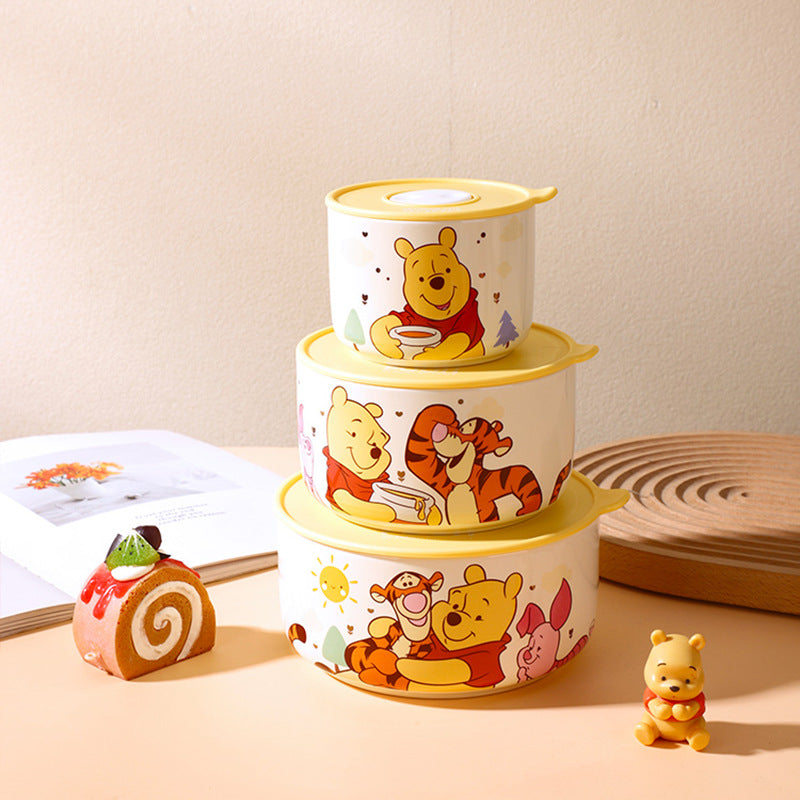 Winnie the Pooh 3-Piece Food Storage Container Set with Lids | Cartoon Lunch Box | Microwave Safe Snack & Kitchen Storage Bowls