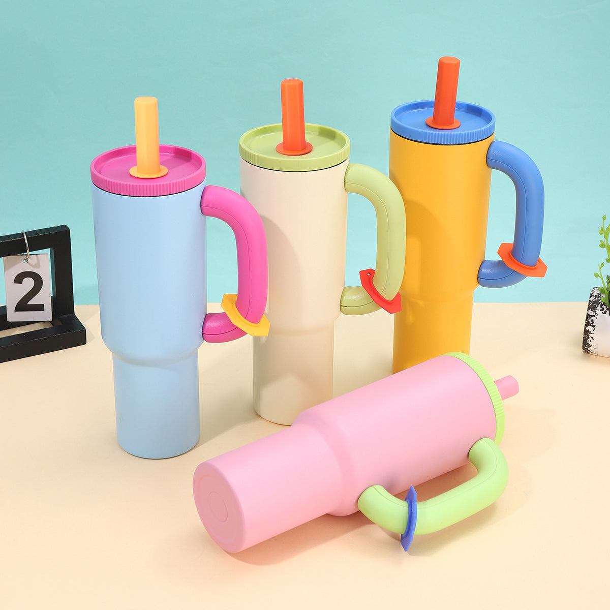 Kawaii Pastel Large Handle Straw Tumbler Cup (Single Piece)