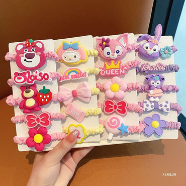 Cute Kawaii Cartoon Hair Accessories Set for Girls – Soft Elastic Hair Ties, Bow & Flower Ponytail Bands
