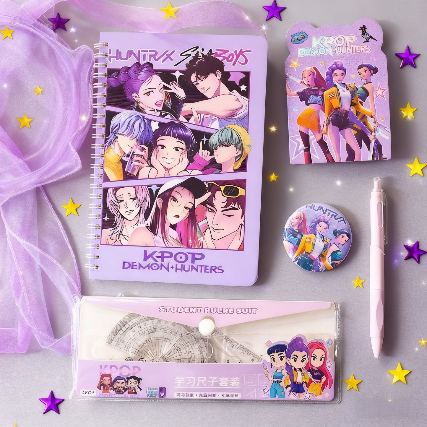 K-Pop Demon Hunters Cute Stationery Set – Anime Notebook, Pen, Ruler Kit & Badge