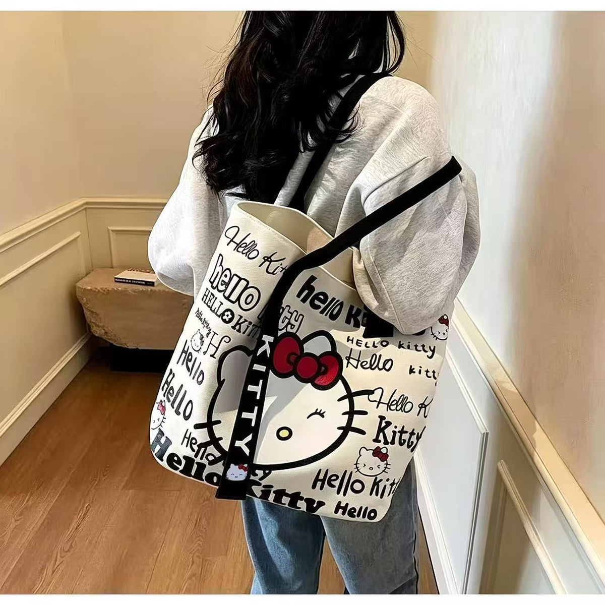 Hello Kitty Printed Tote Bag for Women & Girls | Cute Kawaii Aesthetic Shoulder Bag