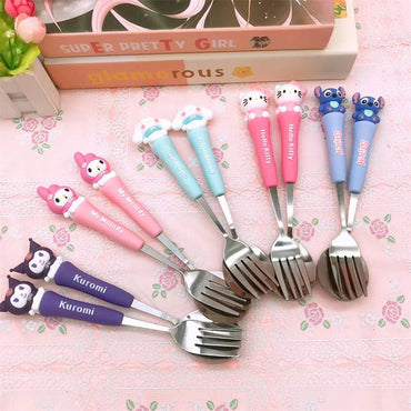Sanrio Fork & Spoon Set with Case – Cute Hello Kitty, Kuromi, My Melody, Cinnamoroll & Stitch Stainless Steel Kids Cutlery Set | Portable Lunch Box Utensils