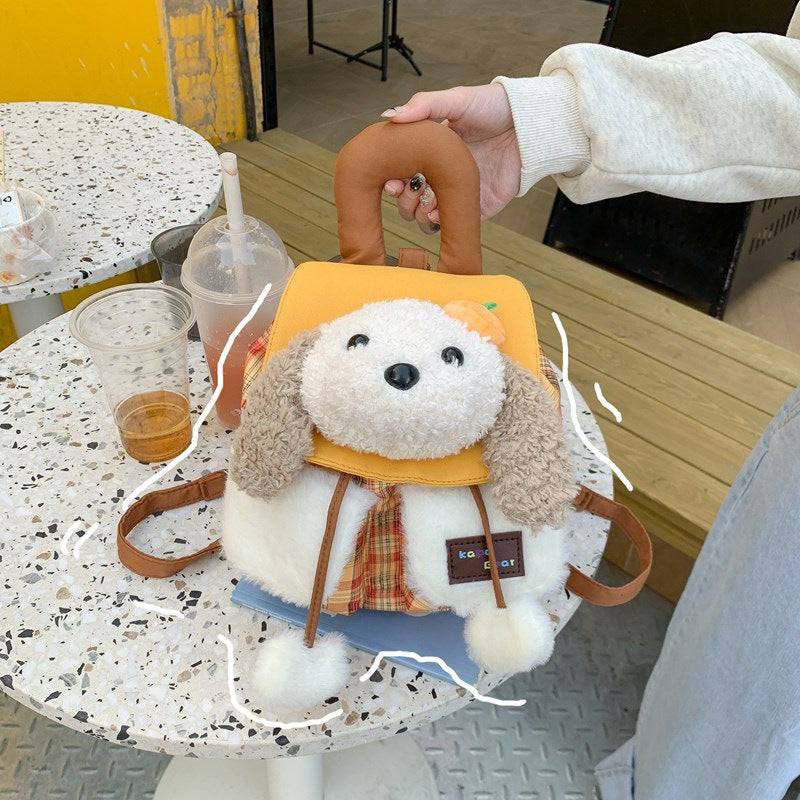 Kawaii Plush Puppy Backpack Bag – Cute Soft Dog Shoulder Bag for Girls | Aesthetic Korean Style Plush Handbag