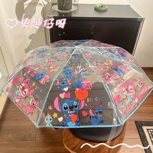 Cute Stitch & Angel Transparent Umbrella – Kawaii Cartoon Umbrella for Kids & Adults