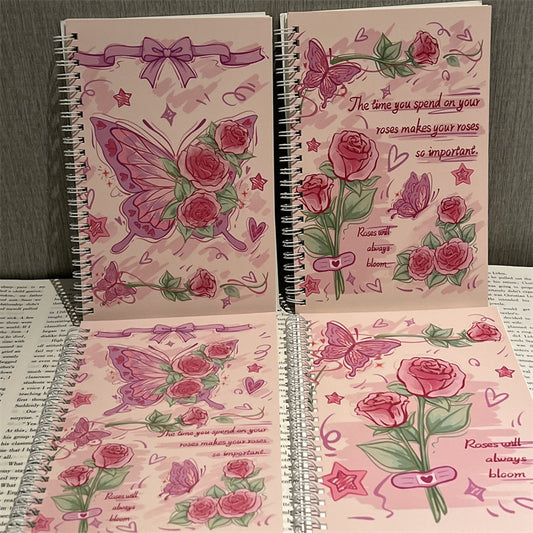 Kawaii Butterfly Rose Spiral Notebook – Aesthetic Cute Diary Journal (Single Piece)