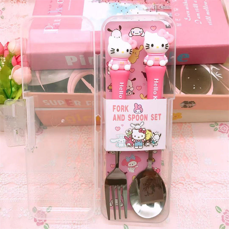 Sanrio Fork & Spoon Set with Case – Cute Hello Kitty, Kuromi, My Melody, Cinnamoroll & Stitch Stainless Steel Kids Cutlery Set | Portable Lunch Box Utensils