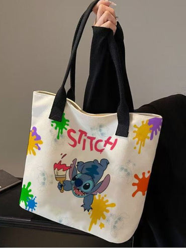 Kawaii Stitch Tote Bag for Women & Girls – Cute Cartoon Canvas Handbag with Paint Splash Design | Stylish Shoulder Bag for Daily Use, Shopping & College