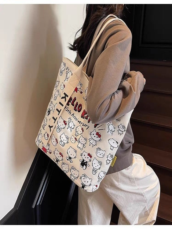 Hello Kitty 45th Anniversary Printed Canvas Tote Bag | Cute Kawaii Shoulder Bag for Girls & Women