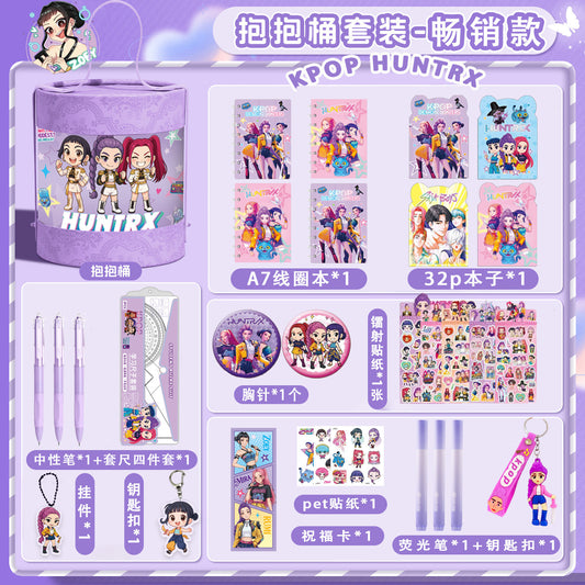 KPOP Demon Hunters Huntrix Stationery Gift Set – Kawaii School Supplies Kit with Notebook, Stickers, Pens, Keychain & Storage Bucket