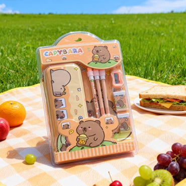 Kawaii Character Stationery Gift Set – Capybara, Labubu & Kuromi Cute Pencil Box Kit with Pencils, Eraser & Sharpener for Kids & Students