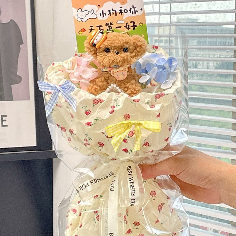 Kawaii Plush Puppy Flower Bouquet | Cute Dog Doll Floral Gift Bouquet with Ribbons | Korean Aesthetic Birthday Gift for Girls & Women