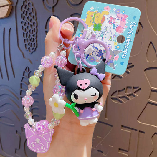 Sanrio official Character Bag Charm with Flower & Glitter Beads Keychain