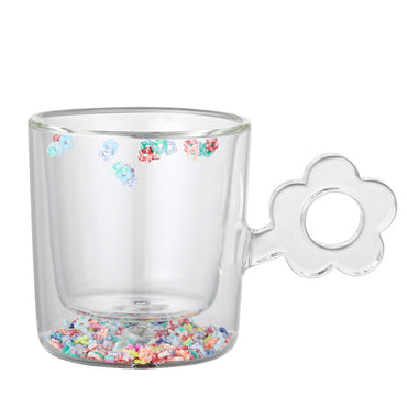 Kawaii Flower Handle Double Wall Glass Mug – Cute Confetti Design | Aesthetic Drinking Cup for Tea, Coffee & Milk