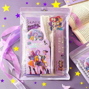 K-Pop Demon Hunters Cute Stationery Set – Anime Notebook, Pen, Ruler Kit & Badge