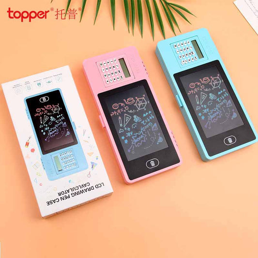LCD Writing Tablet Calculator Pencil Case – Smart Digital Drawing Pad Pen Box for Kids | Reusable Memo Board Study Organizer
