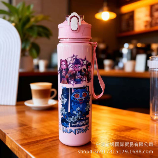 700ml K-Pop Cartoon Water Bottle with Strap | Cute Korean Idol Design Leak-Proof Flip Lid Sipper Bottle for School, Travel & Daily Use
