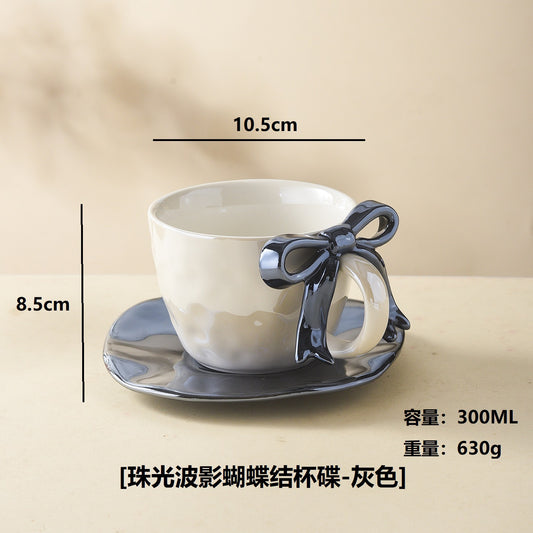 Premium Bow Handle Ceramic Coffee Mug with Saucer Set | 300ml Pearl Glaze Tea Cup | Cute Aesthetic Cappuccino Mug | Korean Style Gift Mug